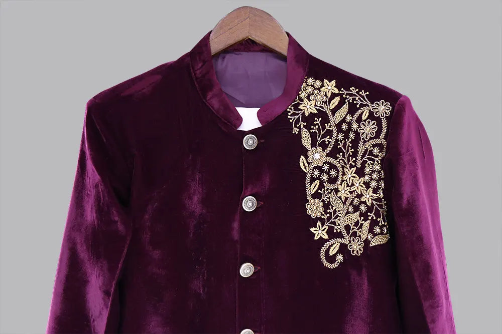 Wine-colored velvet Indian Groom Wedding, Engagement, and party function occasion designs for Men's Maggam Sherwani Suit | Men's Maggam suits