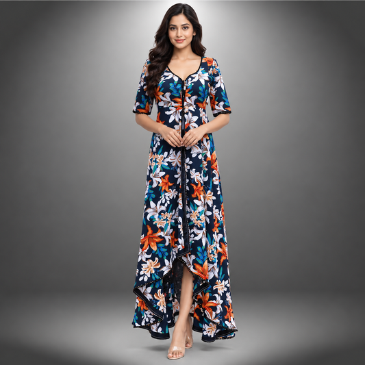 Charming Blossoms: Asymmetrical Dress with Alluring Floral Printed Lace Patch | Lace Patch