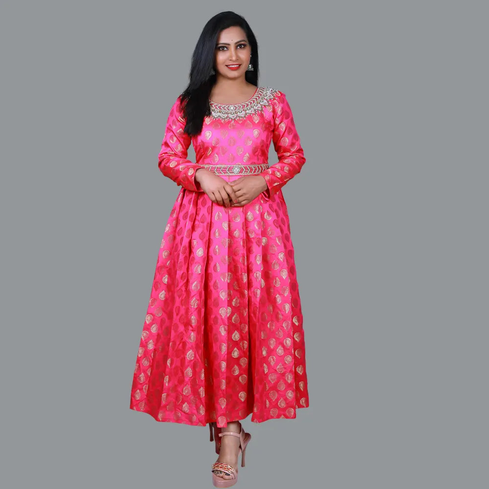 Red and Gold Printed Umbrella Gown with waist Belt | S3G1194