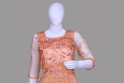 Radiant Elegance: Exquisite Round Neck Gown with Pleated Sequence Embroidery Embellishments | Pleated Sequence