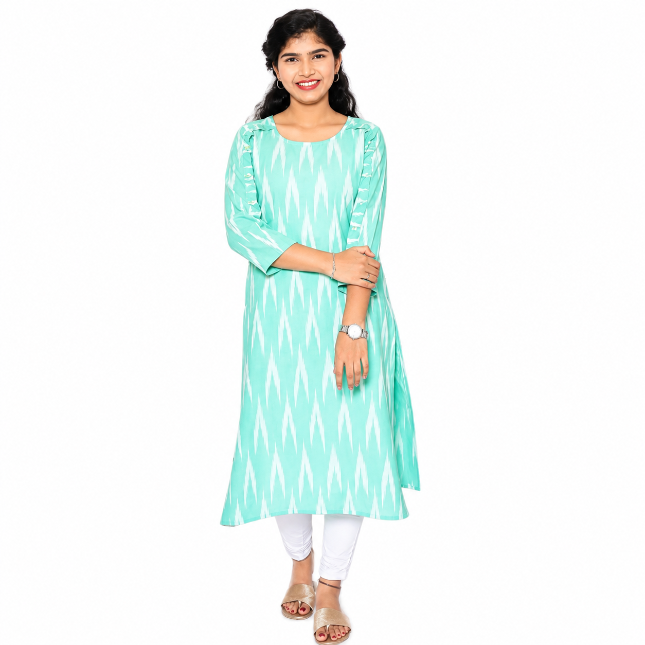 Women Ikkat Pure Cotton Straight Kurta( AquaBlue) | S3K596