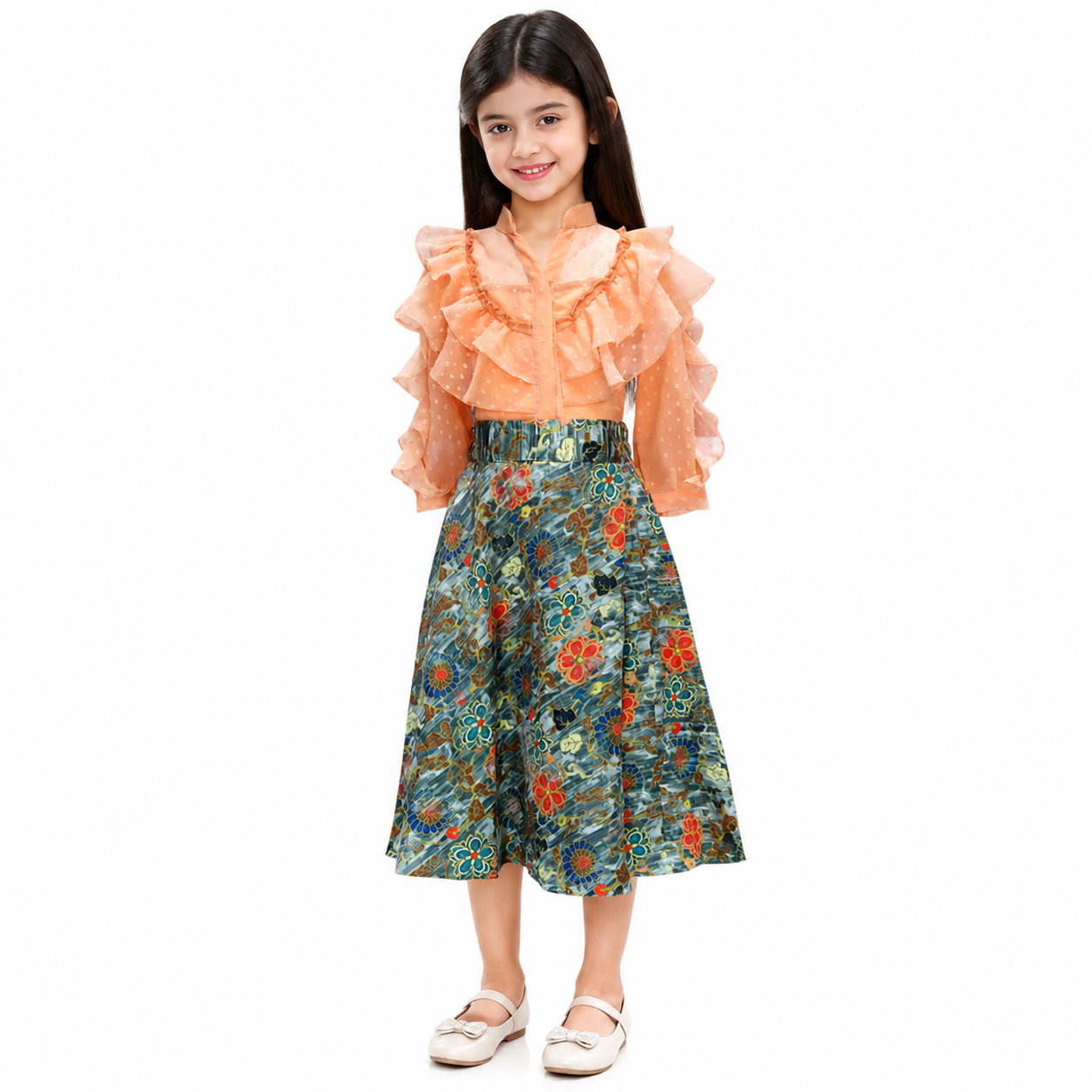 peach frilly top and printed lehenga