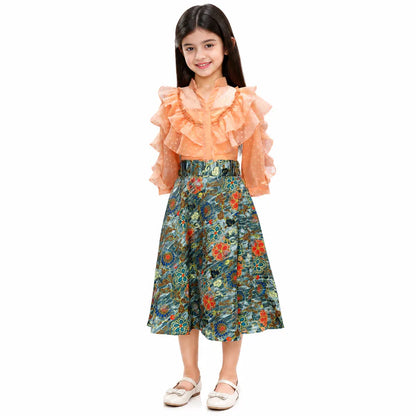 Peach Frilly Top And Printed Lehenga