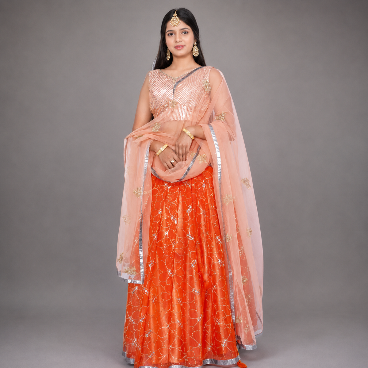 Embroidered Stitched Orange Lehenga Choli | S3SKD311
