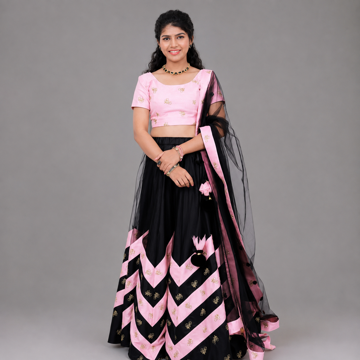 Black and Pink Netted Flared Lehenga Choli | S3BL783