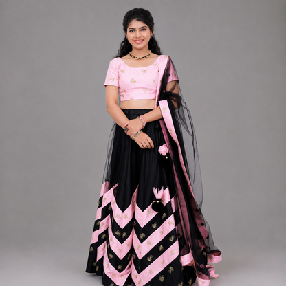 Black and Pink Netted Flared Lehenga Choli | S3BL783