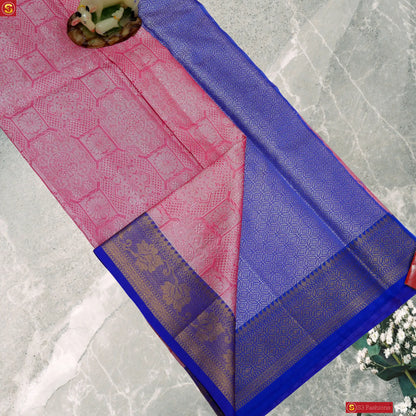 Pink and Blue Border Pure Silk  Saree | Pure Silk Pattu