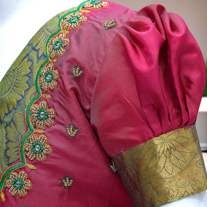 Sisters combo Traditional Silk Pattu Pavadai Set – Green & Gold with Designer Blouse