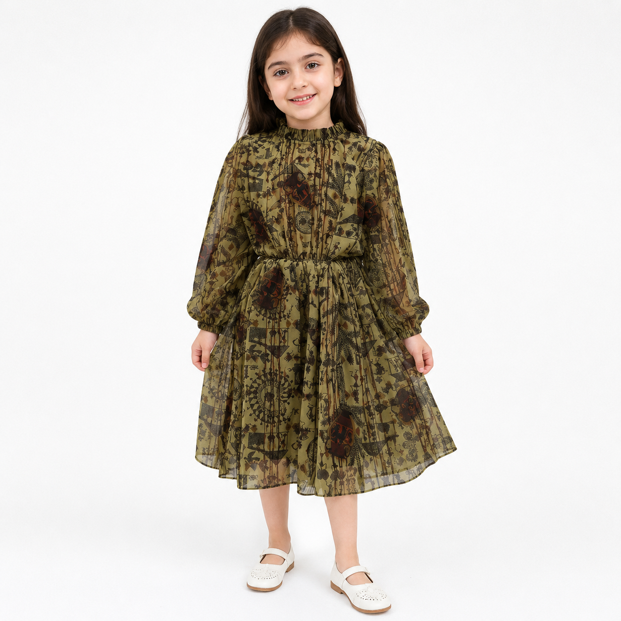 Olive Green Printed Georgette Midi Dress.