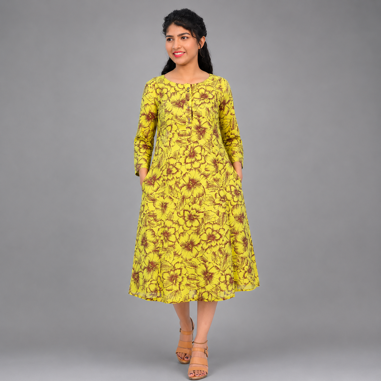 Yellow & Brown Floral Print Kurti | S3K288