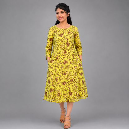 Yellow & Brown Floral Print Kurti | S3K288