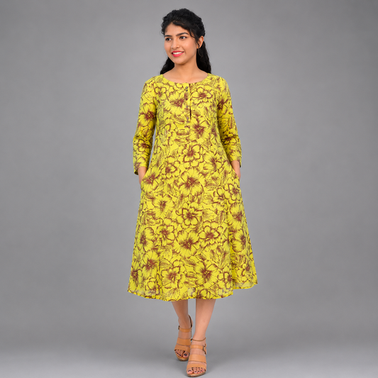 Yellow & Brown Floral Print Kurti | S3K288
