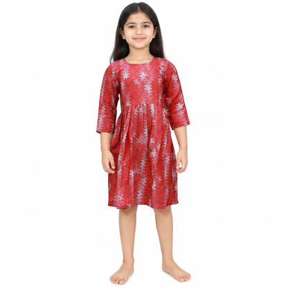 Girls Red Printed Flared Dress