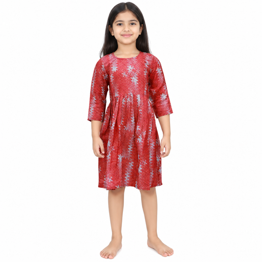 Girls Red Printed Flared Dress