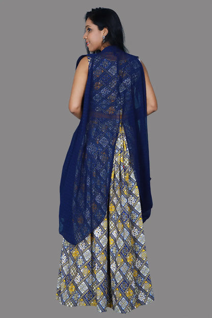 Women's Navy Blue Printed Straight Top with Skirt and Shrug | S3SBL1219