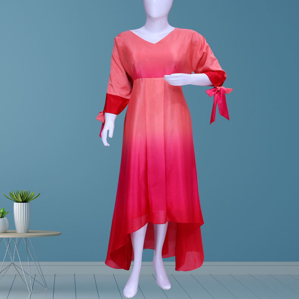 Ombre high & low 3/4 sleeves belt evening dress