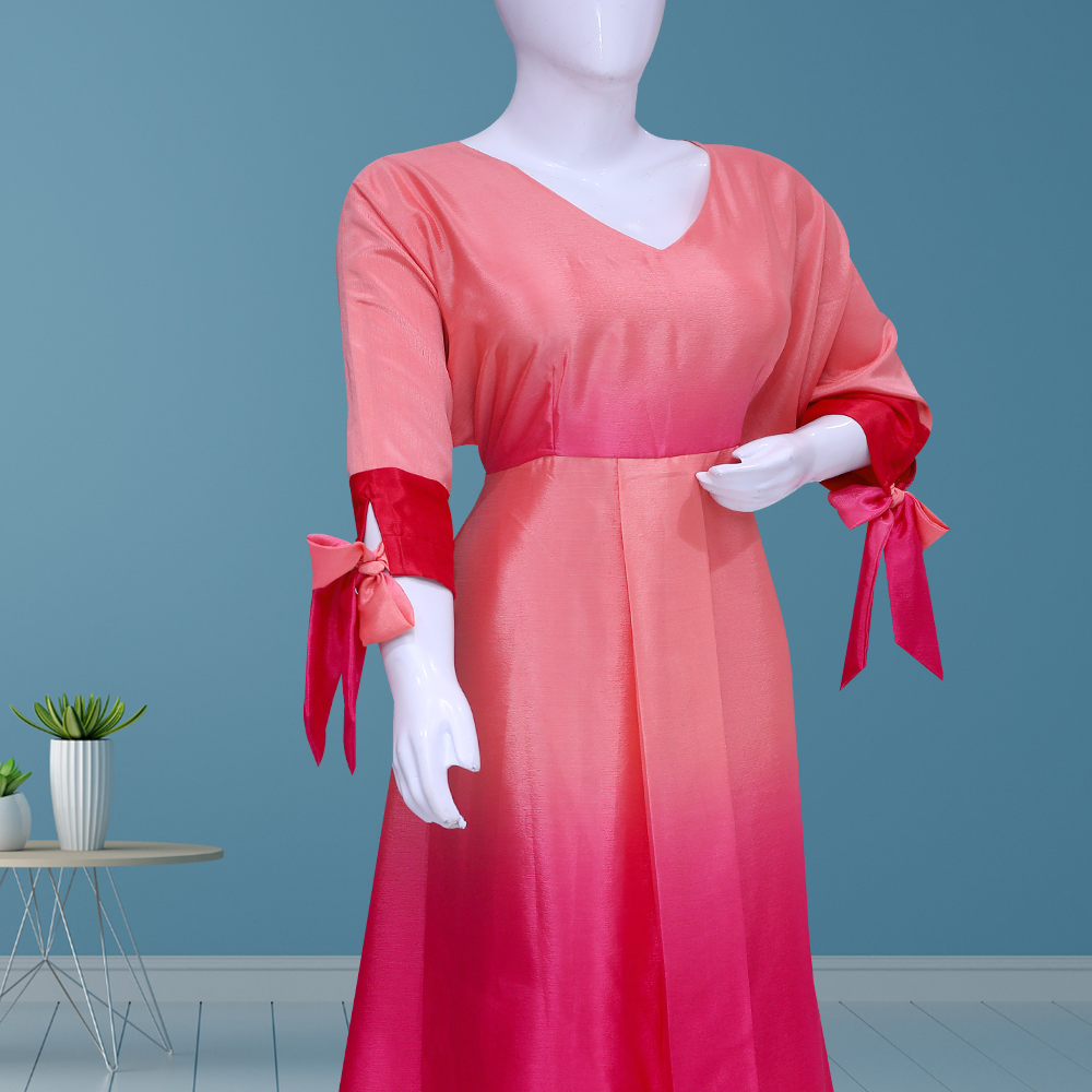 Ombre high & low 3/4 sleeves belt evening dress