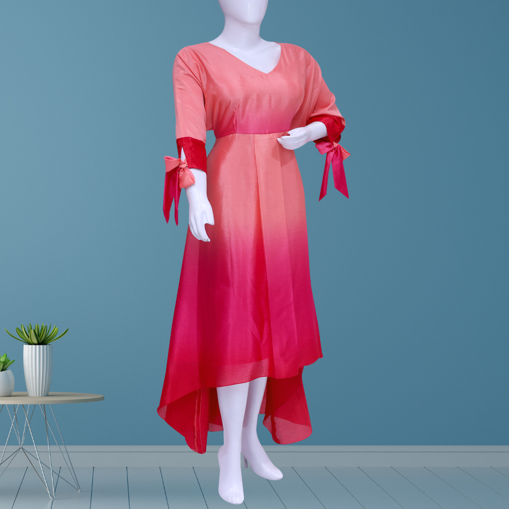 Ombre high & low 3/4 sleeves belt evening dress