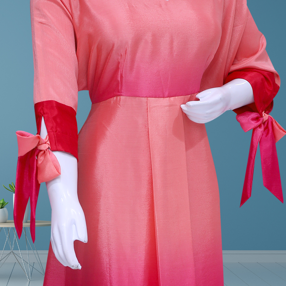 Ombre high & low 3/4 sleeves belt evening dress