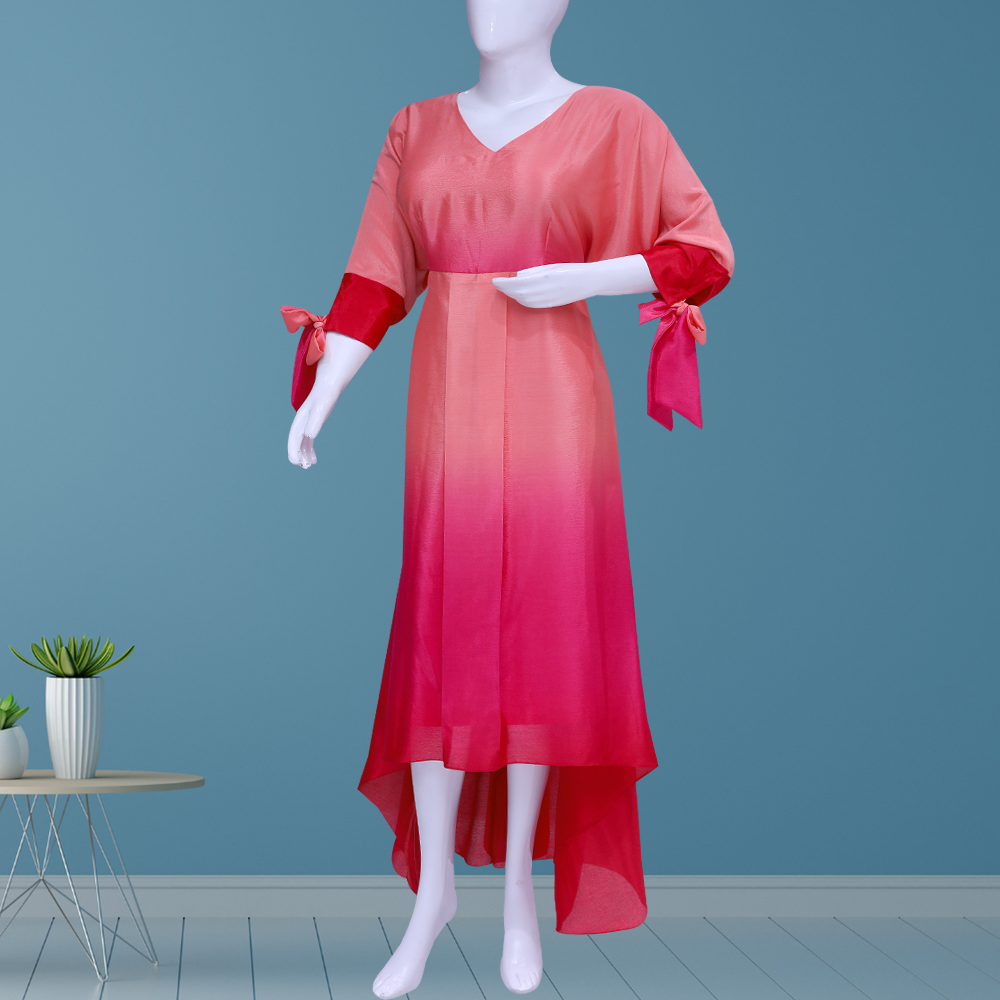 Ombre high & low 3/4 sleeves belt evening dress