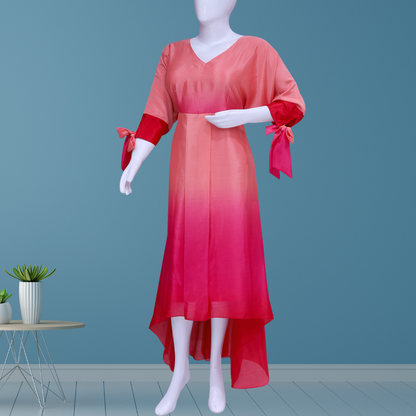 Ombre high & low 3/4 sleeves belt evening dress
