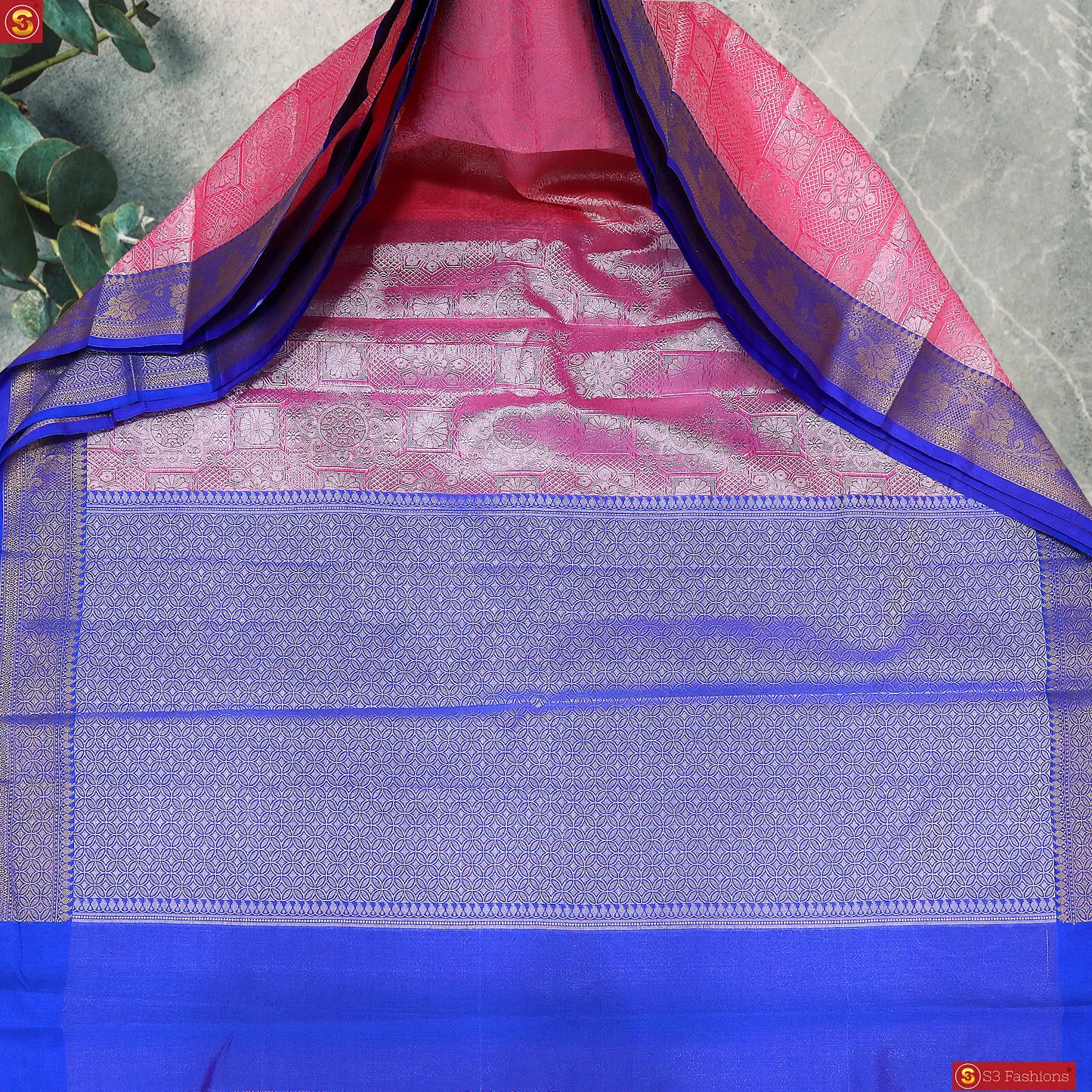 Pink and Blue Border Pure Silk  Saree | Pure Silk Pattu