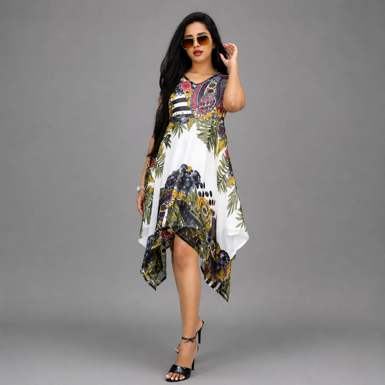 Women High Low White, Grey Dress | S3G669