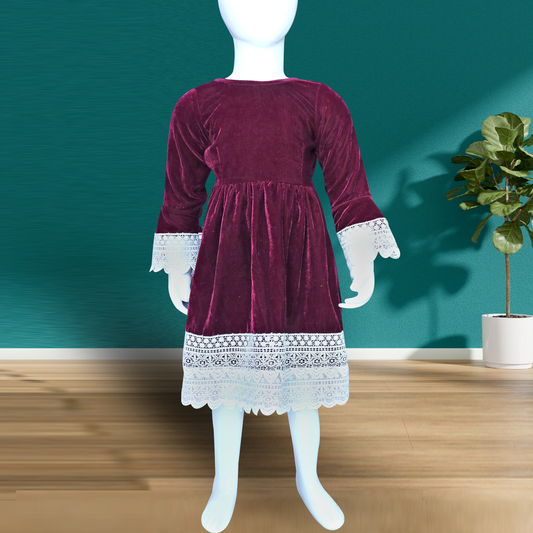 burgundy velvet dress with long sleeves and a flared skirt