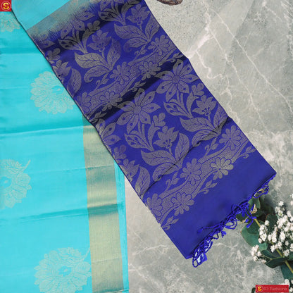 Cyan Color Pattu Saree With Royal Blue Pallu Designer Saree