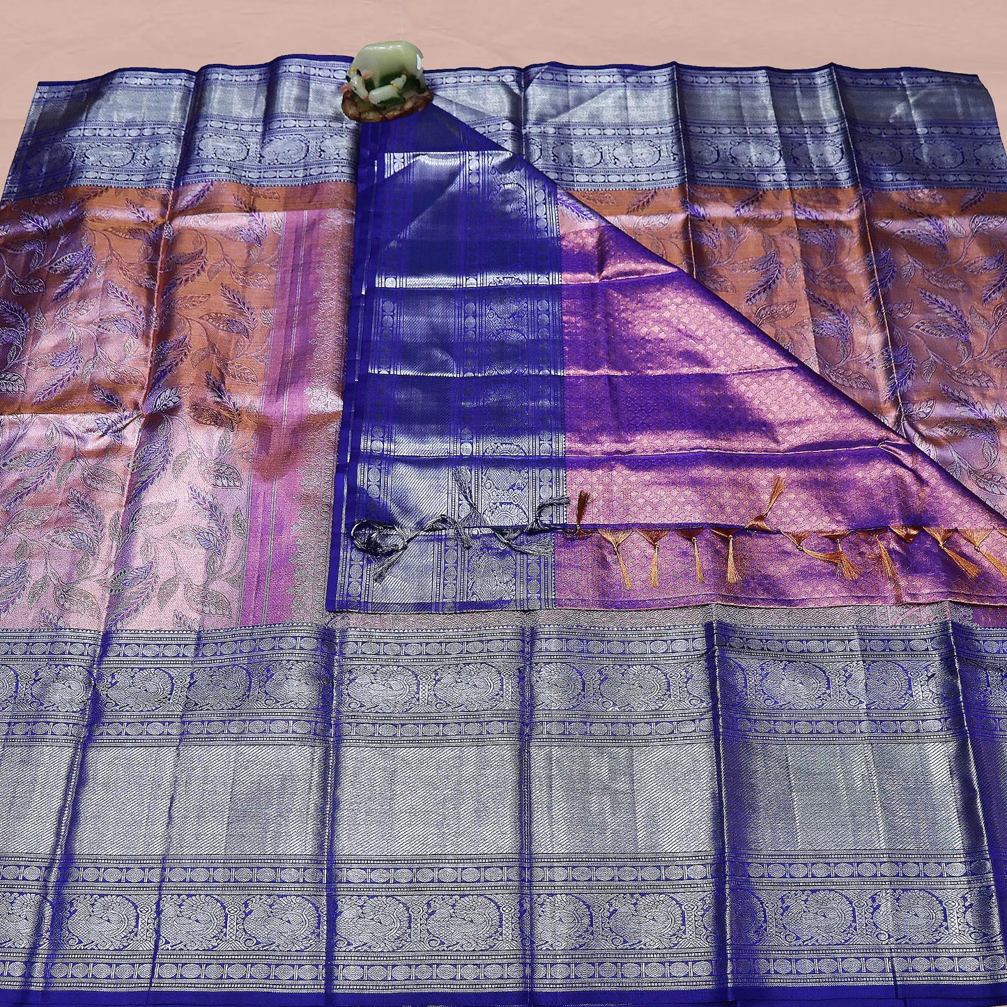 Blue and Peach Kanchi Pattu Saree | Big Border