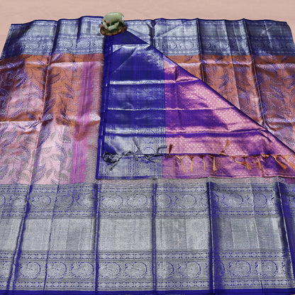 Blue and Peach Kanchi Pattu Saree | Big Border