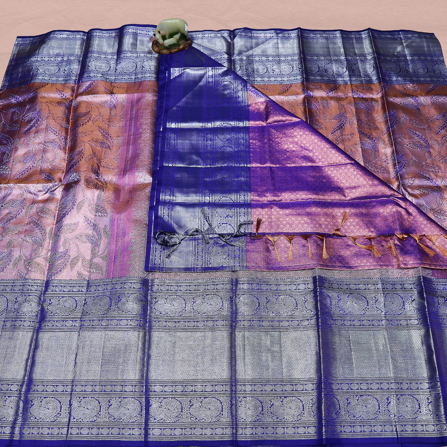 Blue and Peach Kanchi Pattu Saree | Big Border