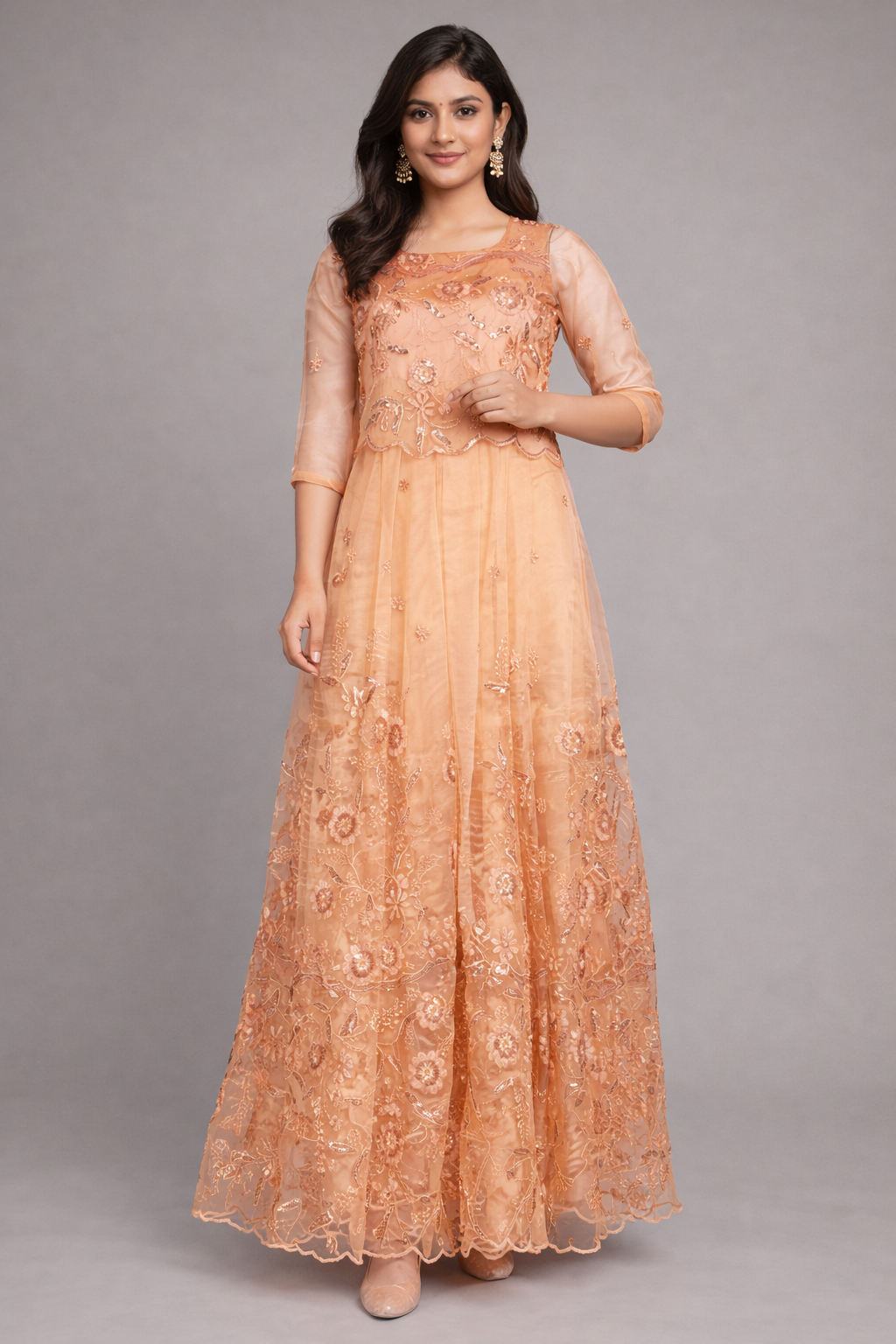 Radiant Elegance: Exquisite Round Neck Gown with Pleated Sequence Embroidery Embellishments | Pleated Sequence