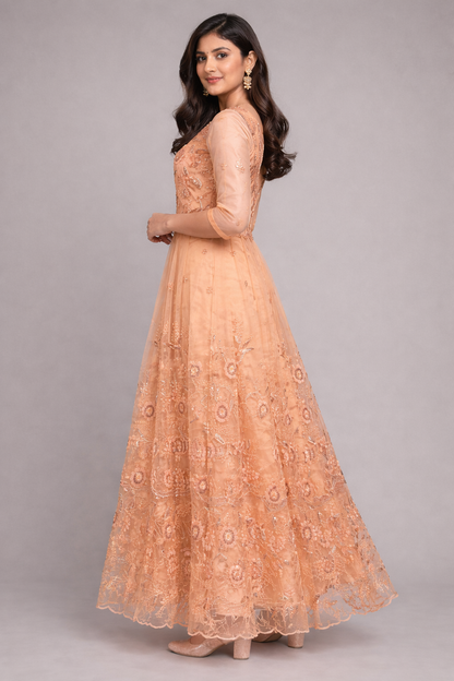 Radiant Elegance: Exquisite Round Neck Gown with Pleated Sequence Embroidery Embellishments | Pleated Sequence