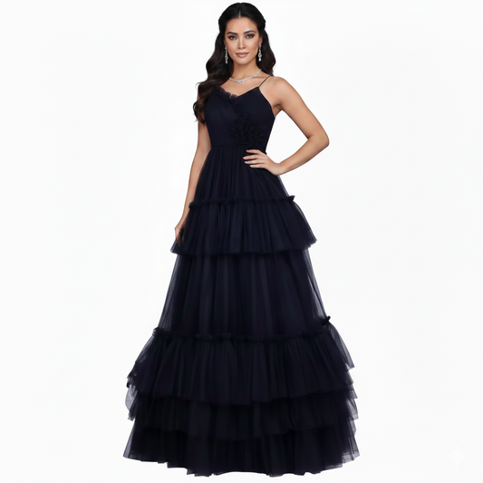 Black Netted Sleeveless Layered long Frock | Layered long Frock