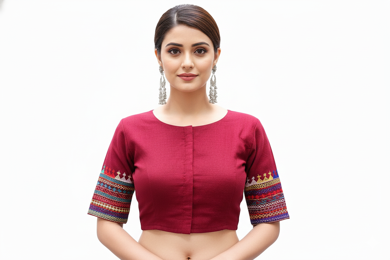 Maroon Thread Work Boat Neck Blouse – Elegant Ethnic Charm | S3 Fashions | S3B11
