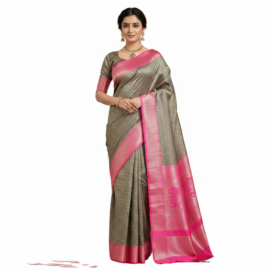 Grey and Pink Border Gadwal Silk Saree – Handwoven Beauty