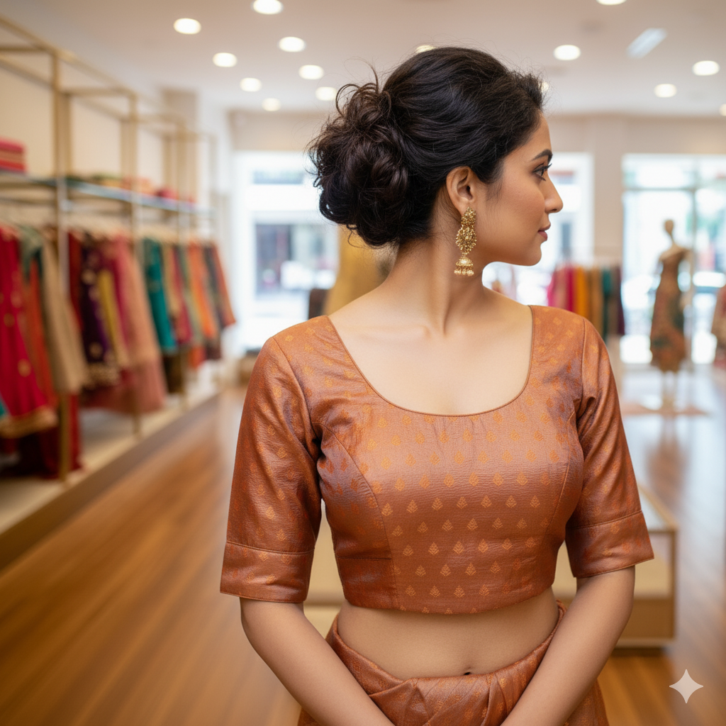 Rust Orange Princess Cut Silk Brocade Blouse | Rust Orange