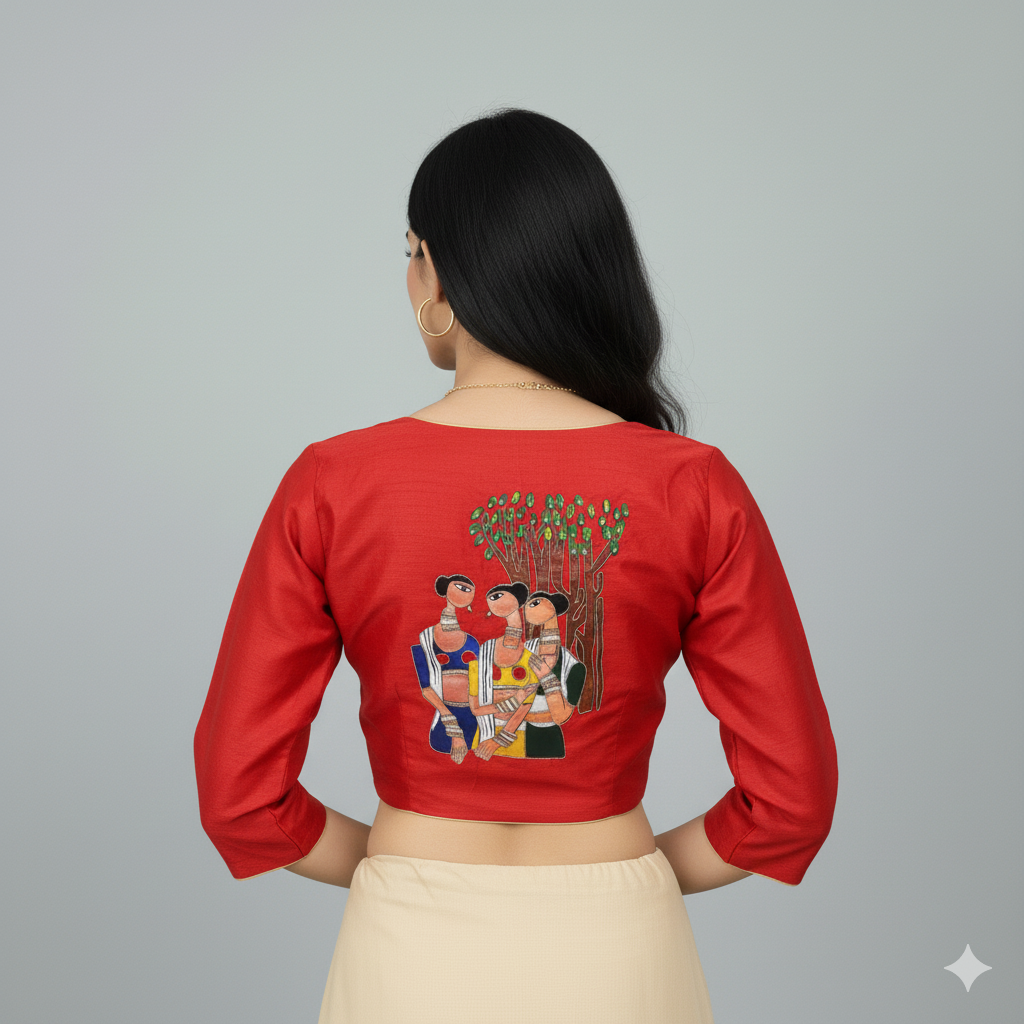 Women's Heritage  Painting & Red Maggam Work High Neck Blouse | S3B1178