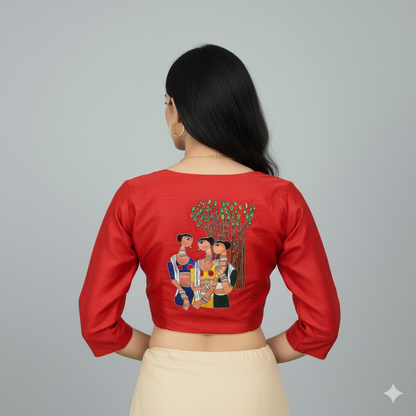 Women's Heritage  Painting & Red Maggam Work High Neck Blouse | S3B1178