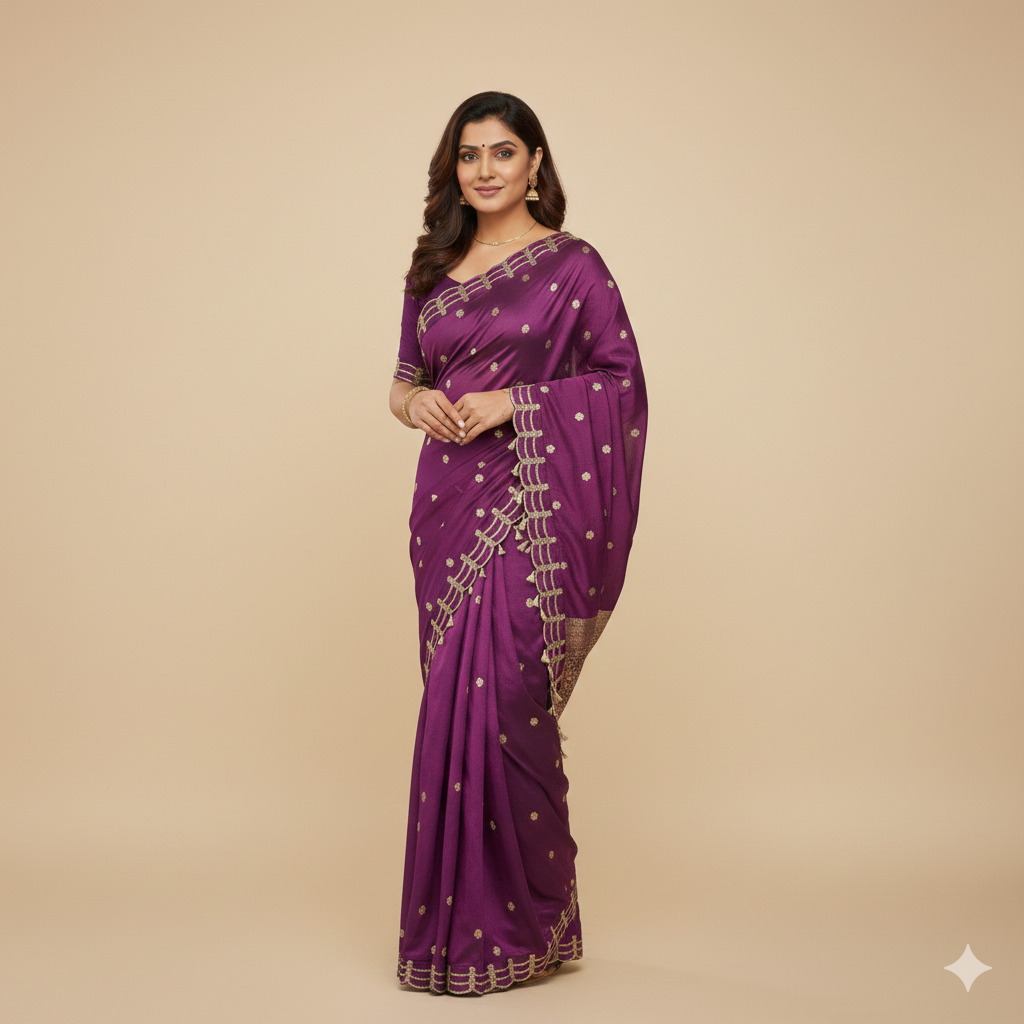 Purple Silk embroidery saree with traditional design