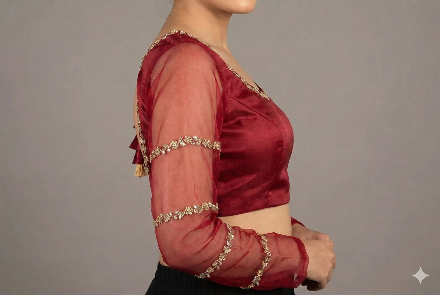 Maroon Organza Maggam Work Blouse | S3B1259