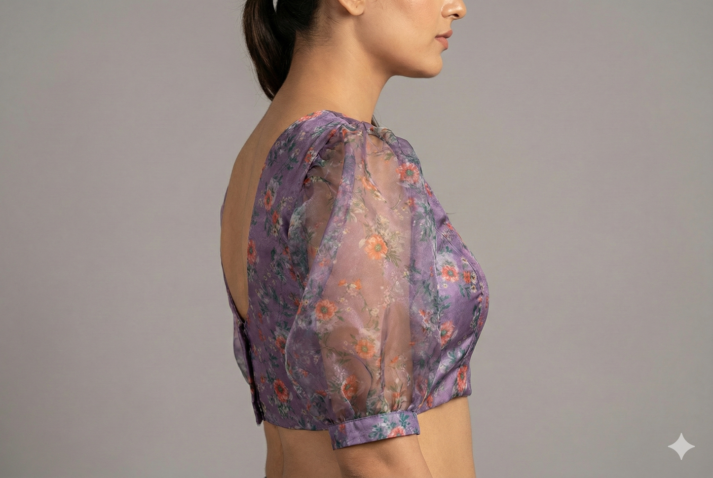 Baloon Sleeves Floral Printed Purple Organza Blouse | S3B1209