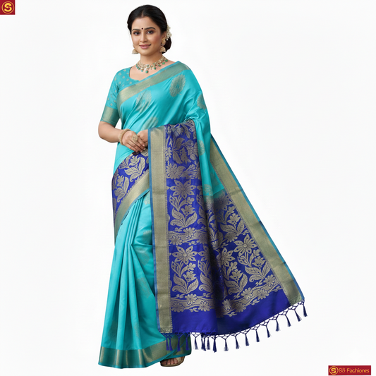 Cyan Color Pattu Saree With Royal Blue Pallu Designer Saree