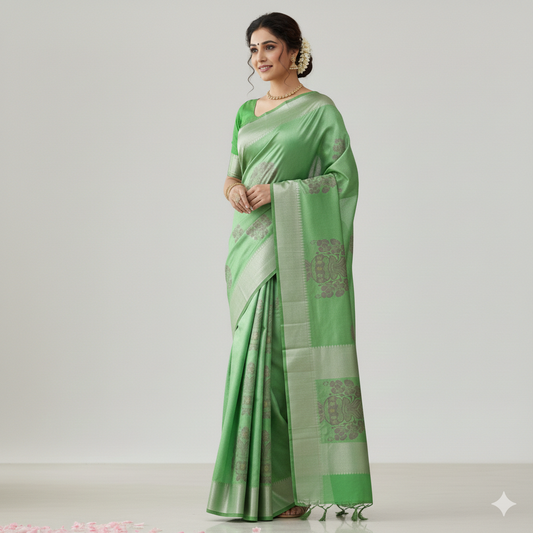 Green Handloom Pattu Saree With Red Border | Red Border