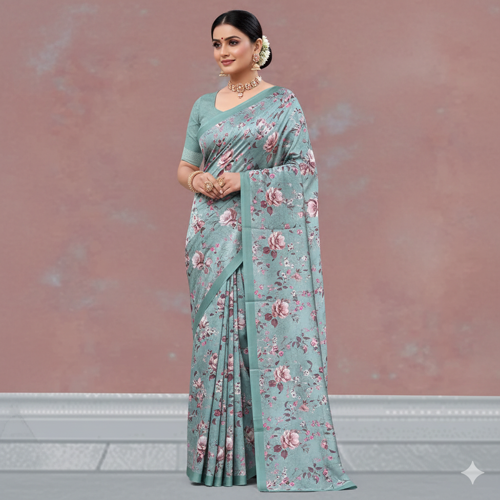 Blue saree with red floral printed design