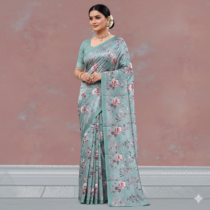 Blue saree with red floral printed design