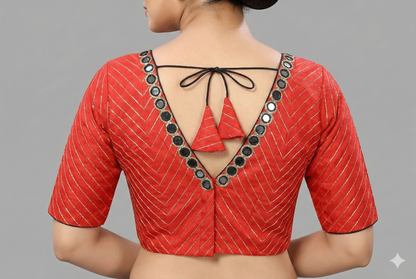 Red V Neck Zari Lines Design Blouse | S3B1221
