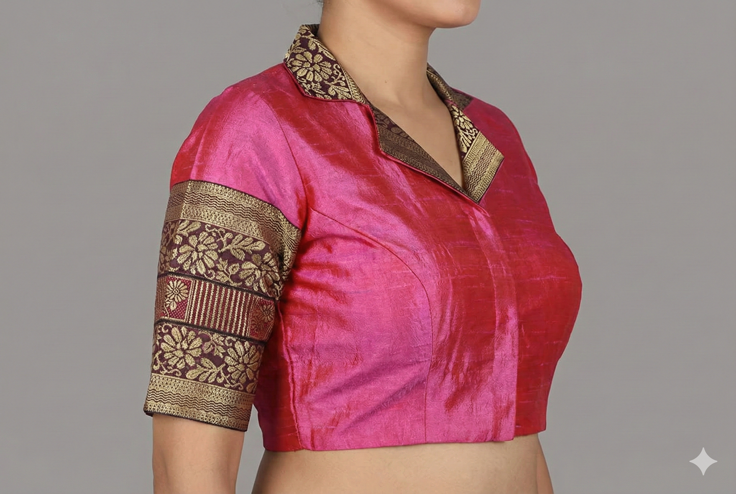 Women's Pink Collared V Neck pattu Blouse | Pink