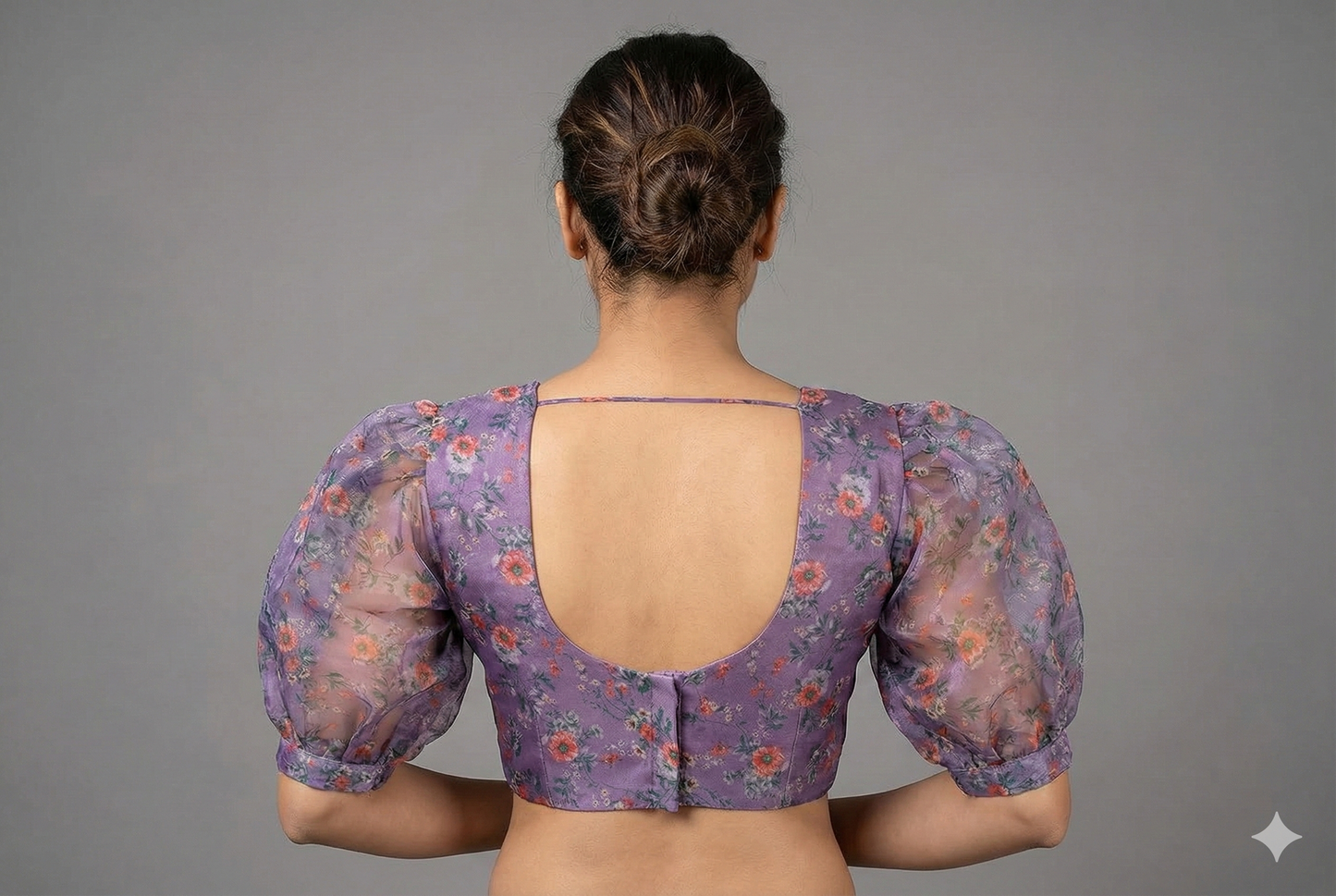 Baloon Sleeves Floral Printed Purple Organza Blouse | S3B1209